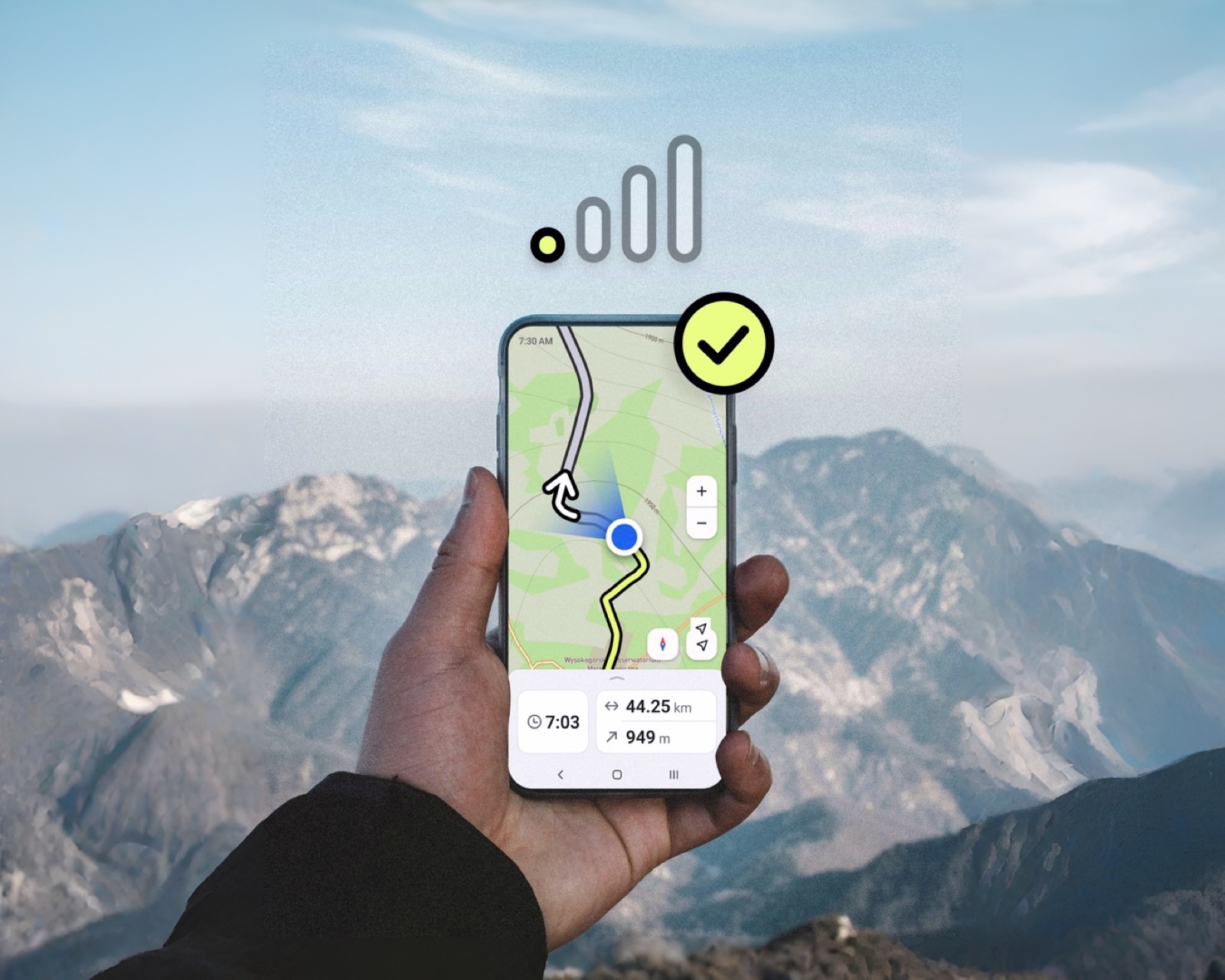 Hiker navigating a mountain trail with a phone