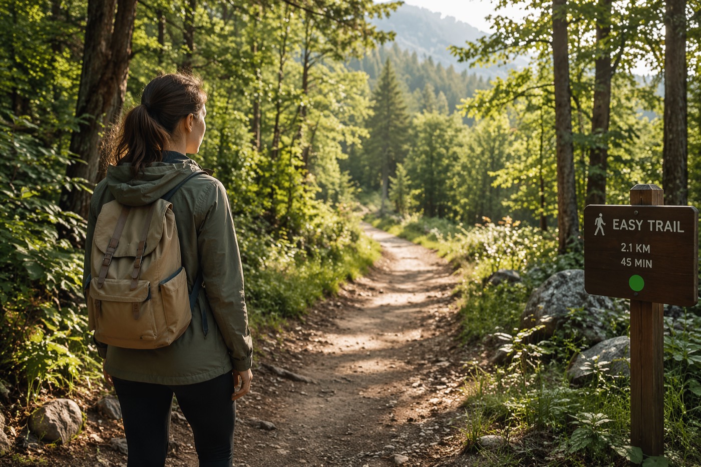 Beginner hiker on an easy forest trail