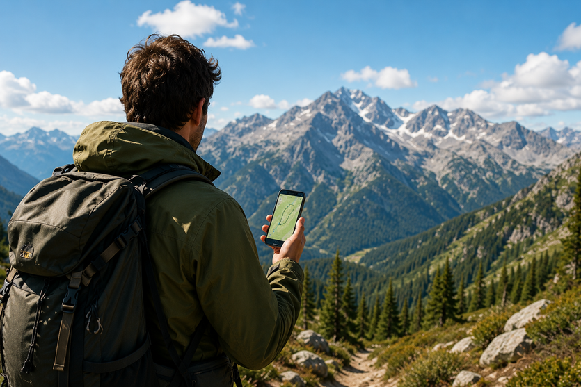 Hiker navigating with offline maps in a mountain area