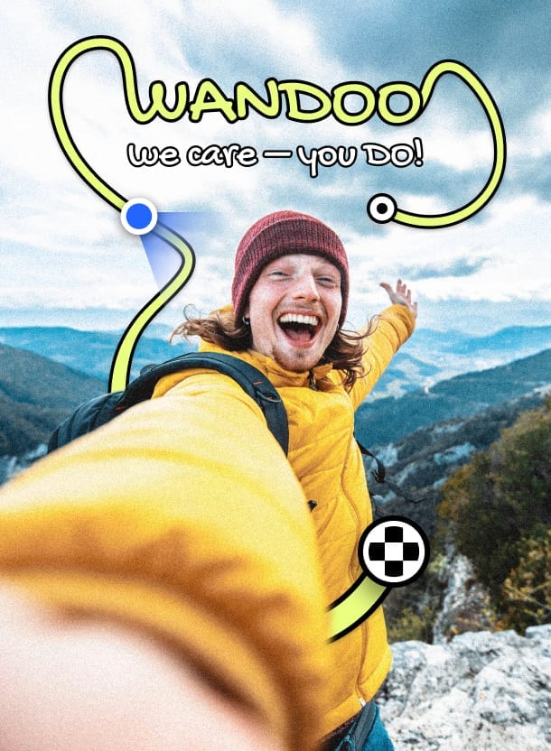 Hiker on a mountain trail used as the main Wandoo hero visual